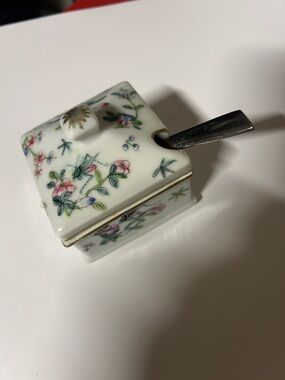 Antique China Floral Ceramic mustard jar with Lid not original spoon